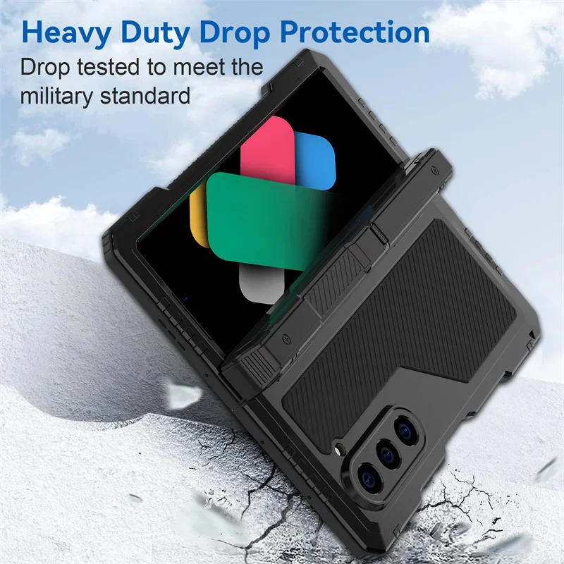 Shockproof Metal Inclusive Three Proof Stand Phone Case For Samsung Galaxy Z Fold 6 5G Hinge Pen Slot Silicone Protective Cover