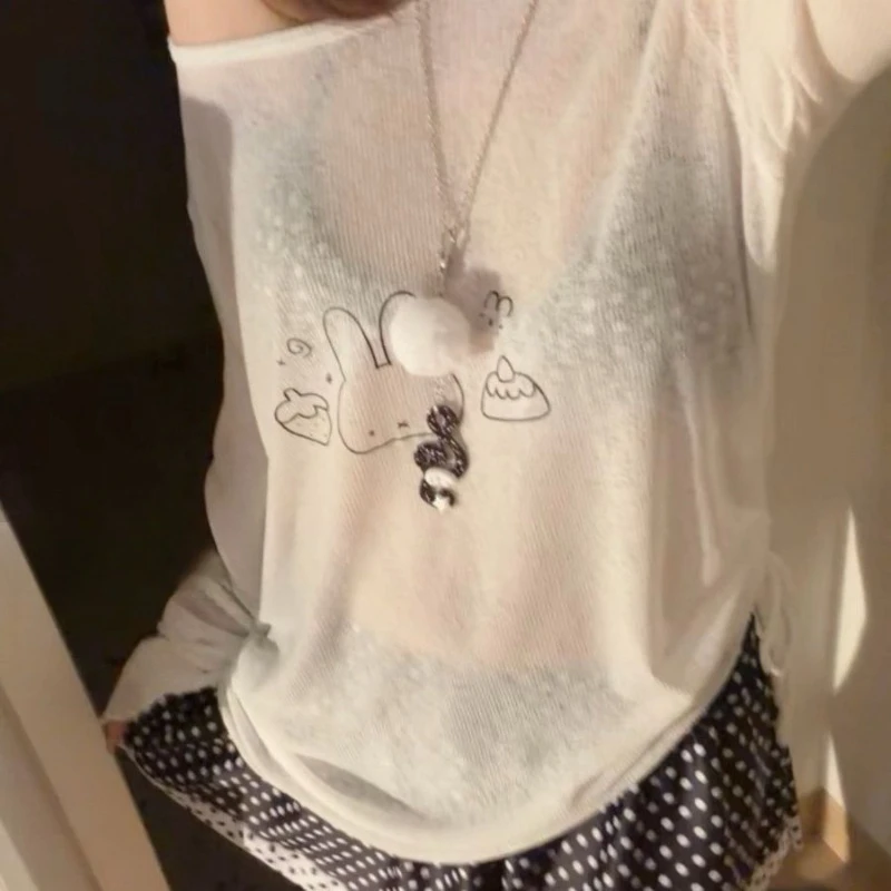 Kawaii Sweet Cute Bunny Bikini Set Women Polka Dot Lace Trim Ruched Long Sleeve Sun Protection Cover Up Beach Vacation Outfit
