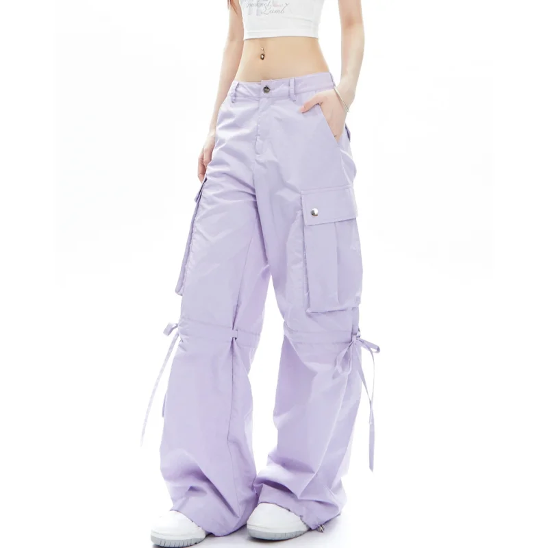 Women Purple High Waist Cargo Pants Vintage Fashion Leisure Straight Wide Leg Pants Street Female 2023 Summer Mopping Trouser