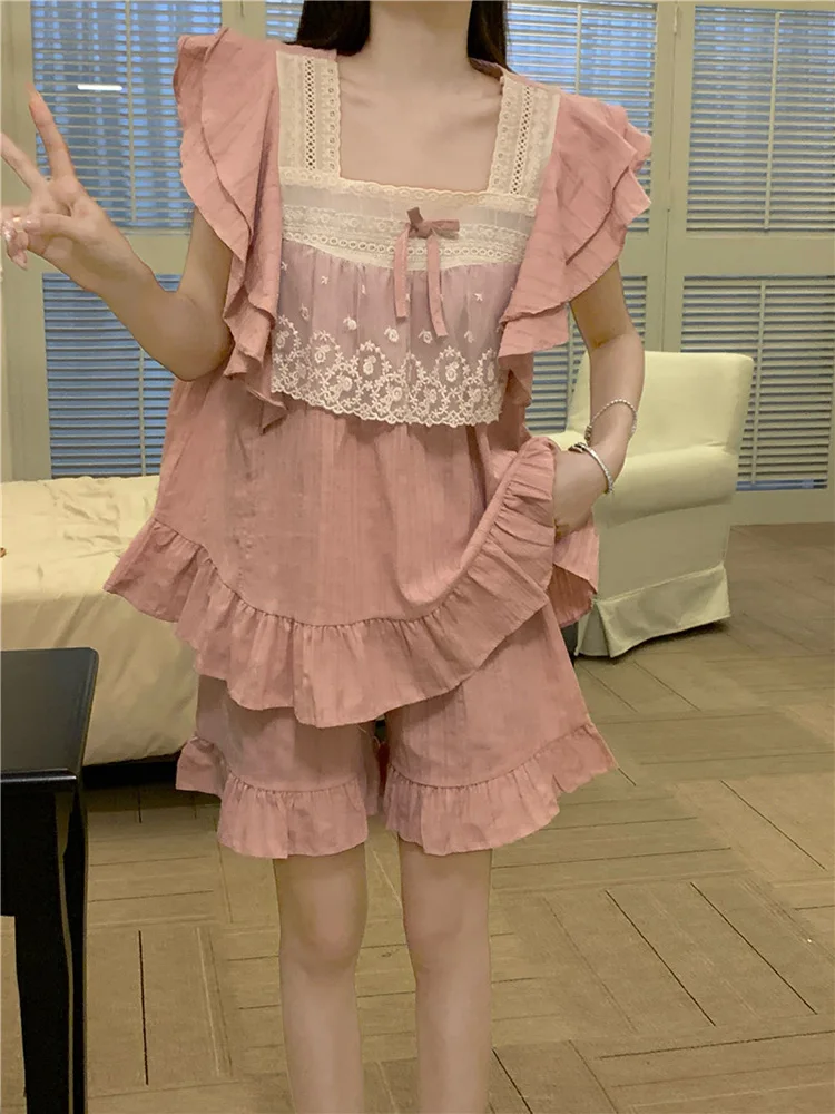 

Home New 100%Cotton Pink Solid Sweet Short Sleeve Summer Pajama Set Women Real shooting Cute Lace Loose Half Pants Sleepwear