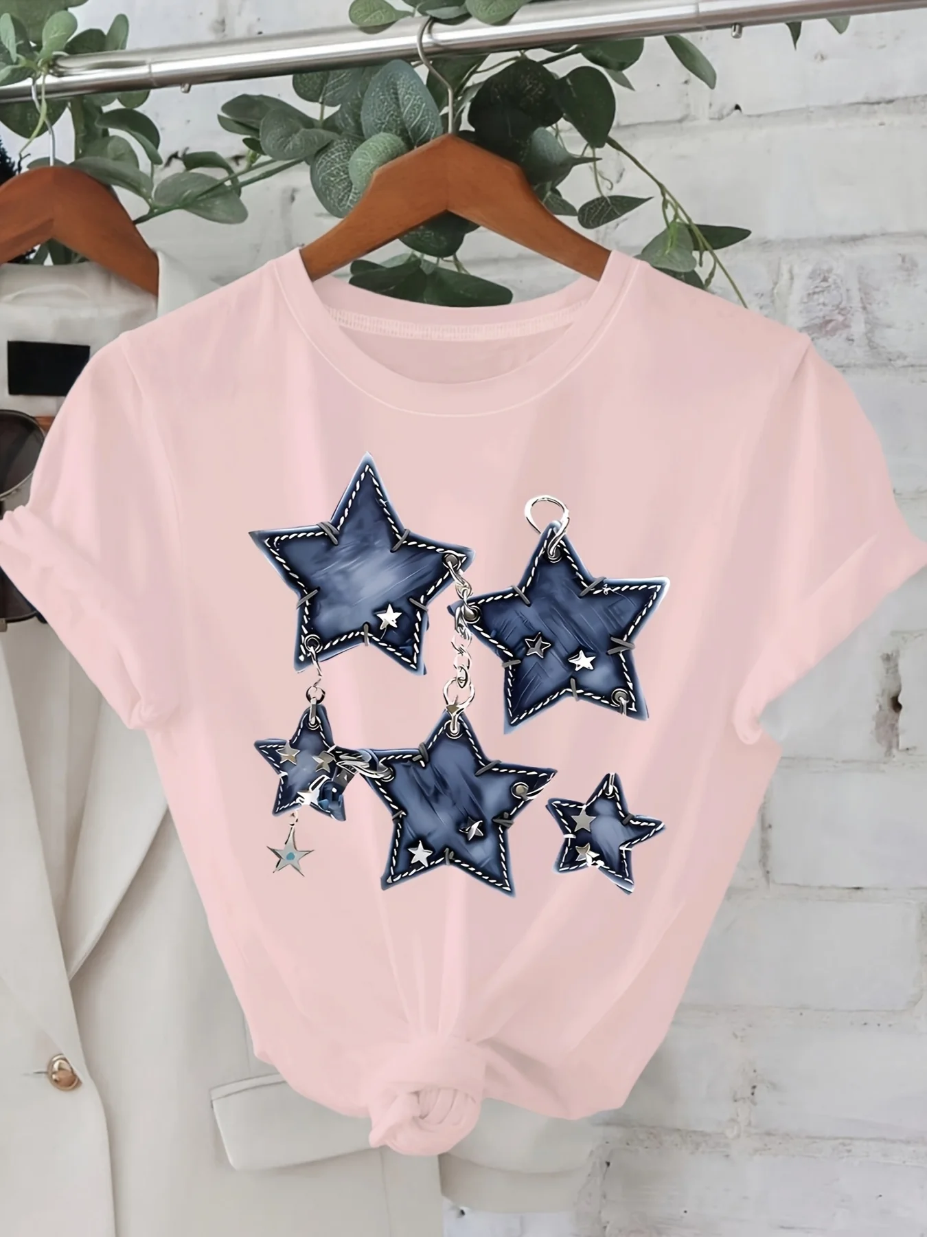 Star Chain Pattern Printed Round Neck Short Sleeve Casual Fashion T-shirt Simple Printed Casual Women's T-shirt