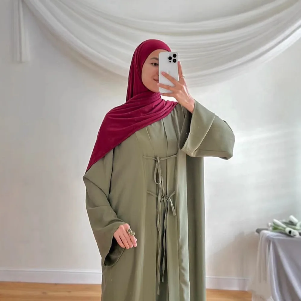 

Two piece set Robe Solid Cardigan Abaya Long Dress Matching Suit Fashion Party Evening Women Muslim Kaftan Jalabiya Women Cloth
