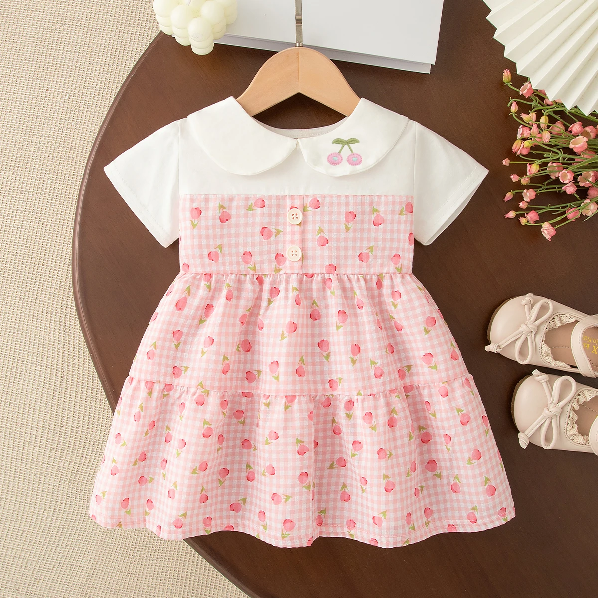 Girls Dresses Summer Cotton Full Print Checkered Bow Short Sleeve Baby Girl Dress Sweet and Cute Beach Baby Girl Clothing