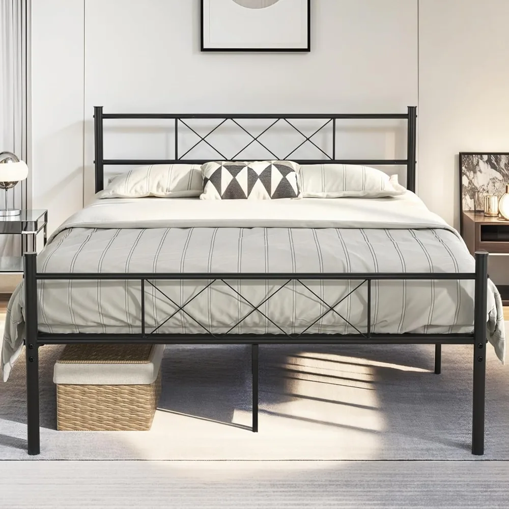 

Queen Size Bed Frame with Headboard,with Strong Metal Slats, No Box Spring Needed, Easy Assembly, Matte & Black Bed Frame