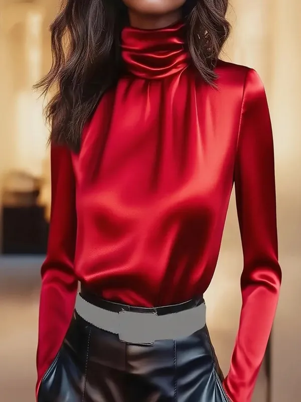 

Простая ретро-рубашка с воротником-стойкой, однотонная, с длинным рукавом, повседневная, свободного кроя, элегантная офисная женская рубашка