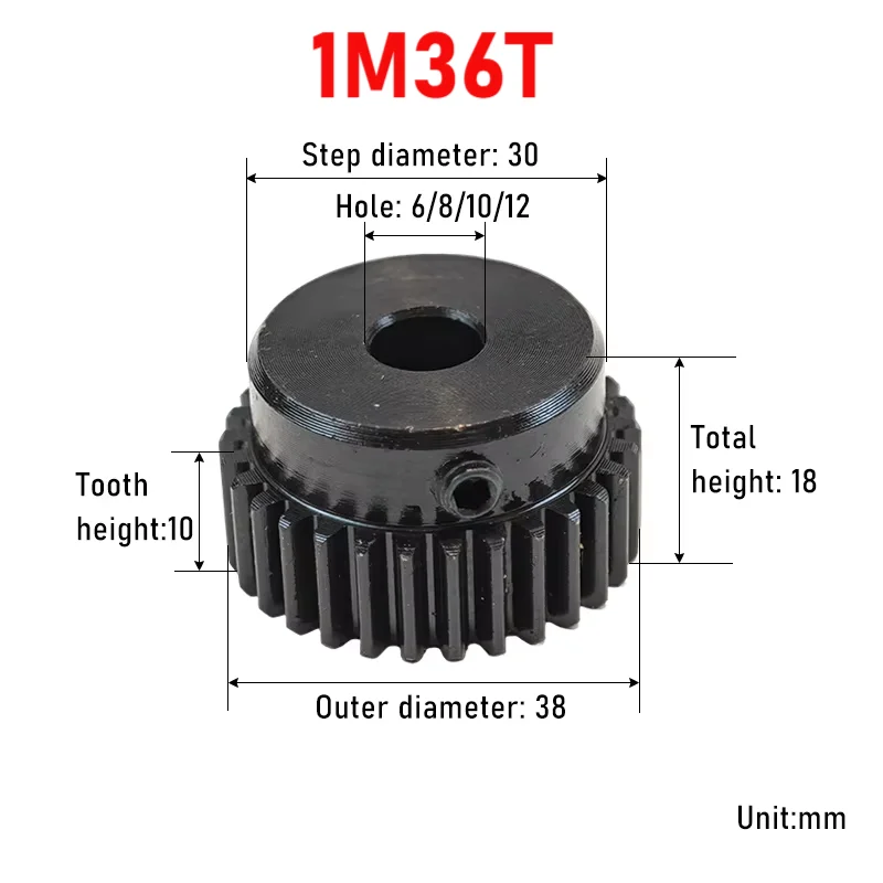 Module 1 36/37/39T Spur Gear 45# Carbon Steel Bore 6mm 8mm 10mm 12mm Low Speed Metal Drive Gear For Motors