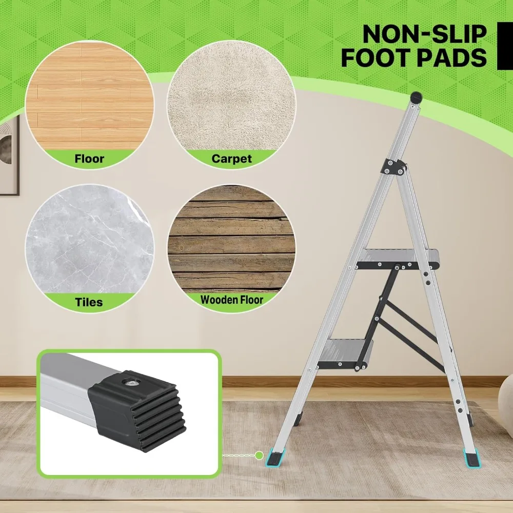 "brede antislip 2-staps aluminium vouwladder met handgreep voor thuis- en kantoorgebruik"