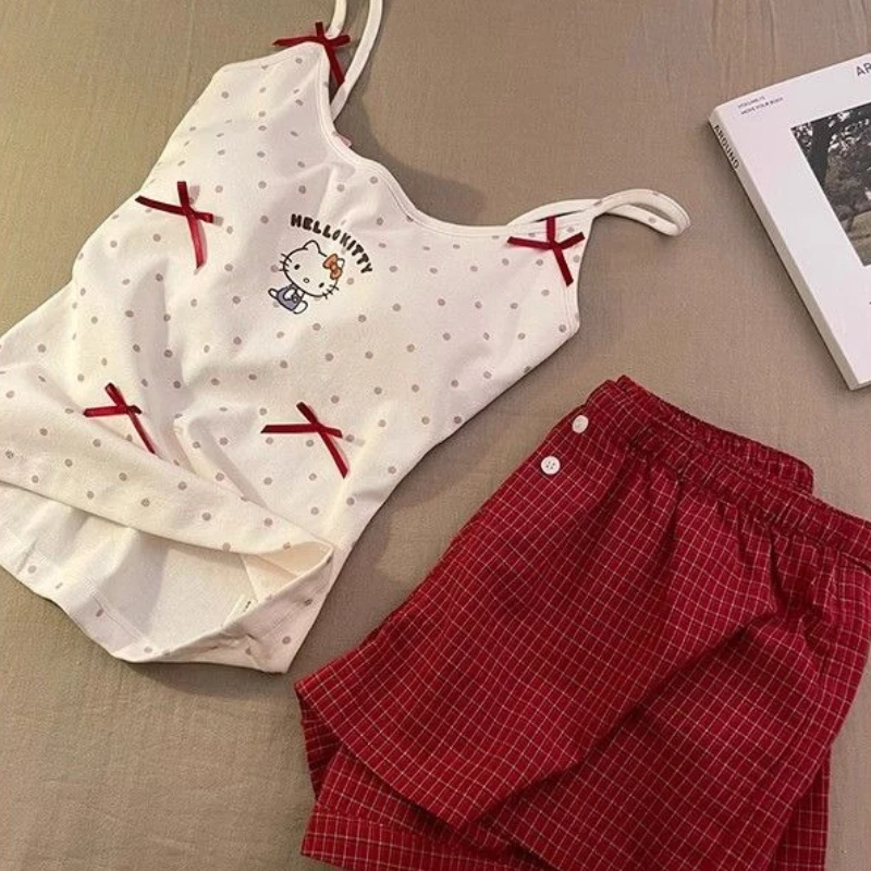 Sanrio Hello Kitty mujer camiseta sin mangas de dibujos animados Casual mujer corto apretado pijama con tirantes verano moda urbana camiseta sin mangas sin mangas
