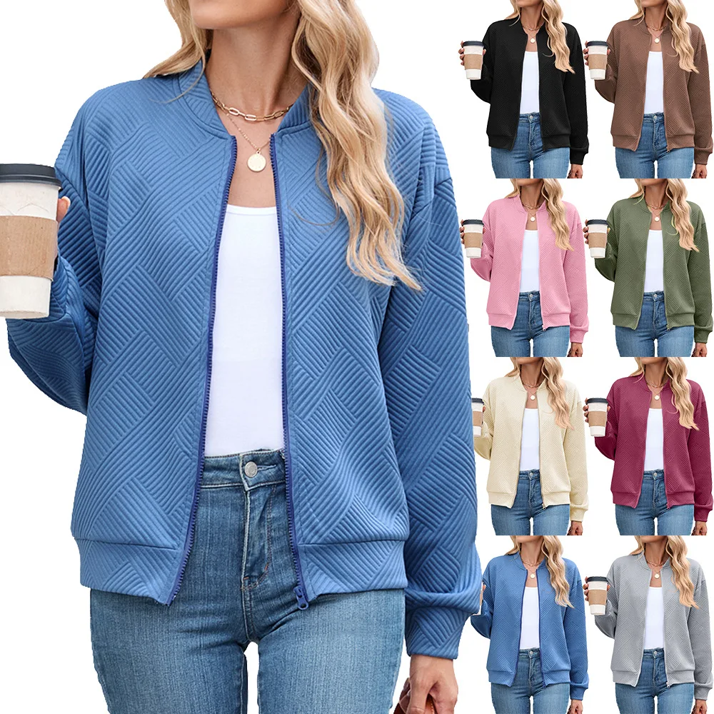 Women Textured Bomber Jacket Casual Zip Front Jacket Geometric Pattern Coat Lightweight Spring Autumn Outerwear