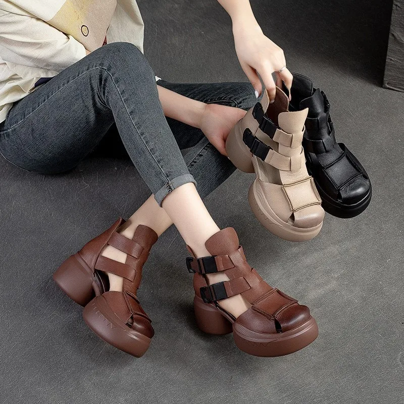 GKTINOO 2024 New Summer Black Women Genuine Leather Sandals Cool Boots Platform Shoes Wedges Sandals Women Shoes Outdoor Sandals