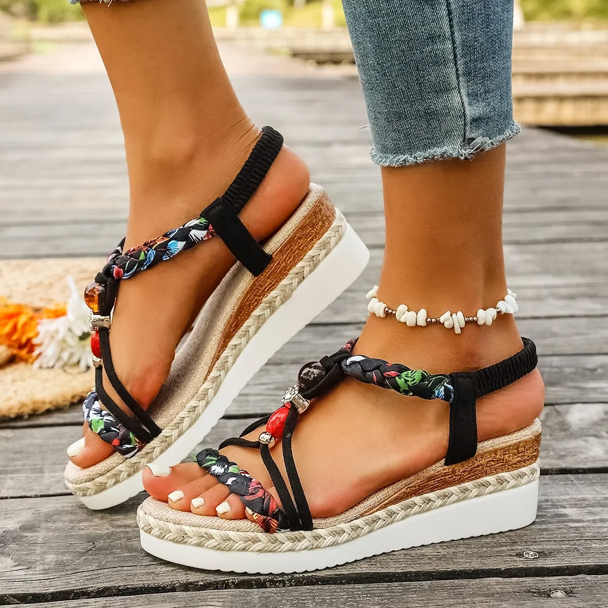 Fashion T-Strap Platform Sandals for Women New Mix Color Elastic Band Wedge Sandals Woman Summer Daily Open Toe Sandalias Female view 4