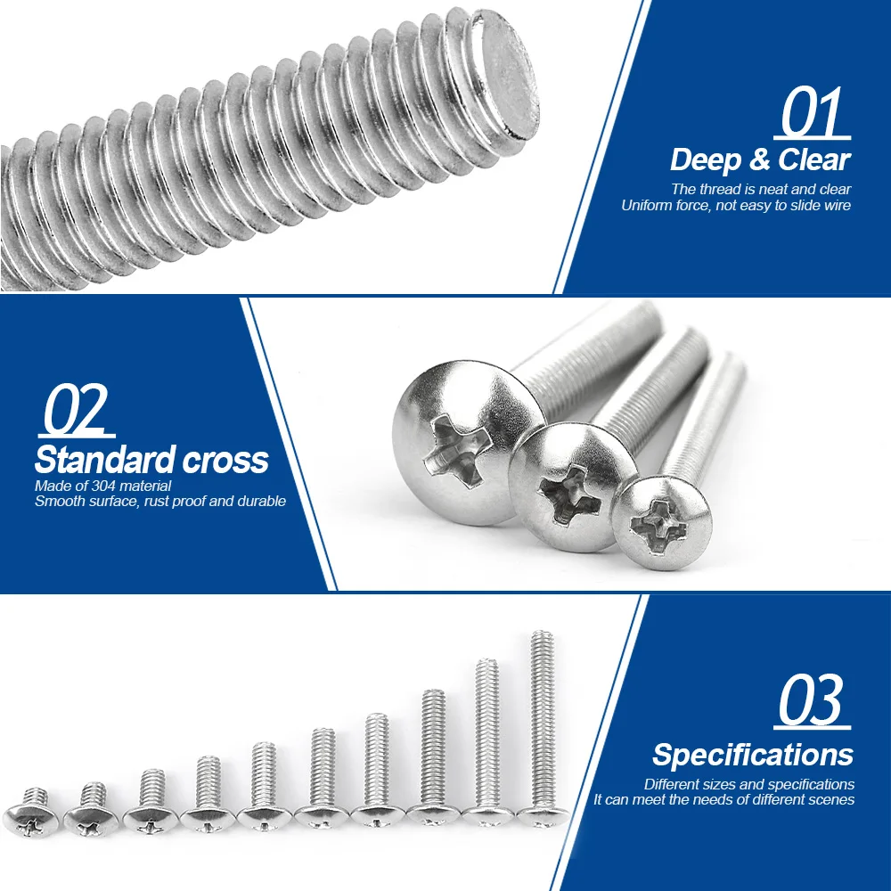 NINDEJIN-Vis Phillips à tête cruciforme, vis Philips en acier inoxydable, grande tête plate, pièce plus lente, figurine M5, M6, M8, M2, M3