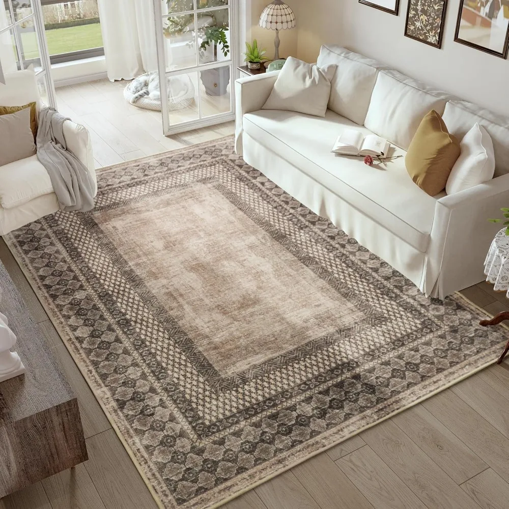 Elegant 8x10 Rustic Brown Area Rug, Machine Washable, Non-Slip for Living Room, Vintage Style Bedroom Rug