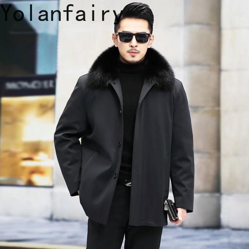 เสื้อโค้ทขนสัตว์แท้ YOLANFAIRY สำหรับผู้ชาย ฤดูหนาว บุด้วยขนกระต่ายแท้ อุ่นสบาย ความยาวปานกลาง สีดำ พร้อมปกขนสุนัขจิ้งจอก