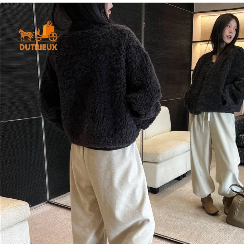 Winter V-neck Wool Fur Coat for Women, 100% Real Wool, Fashionable Travel Temperament Warm Genuine Wool Fur Jacket for Women