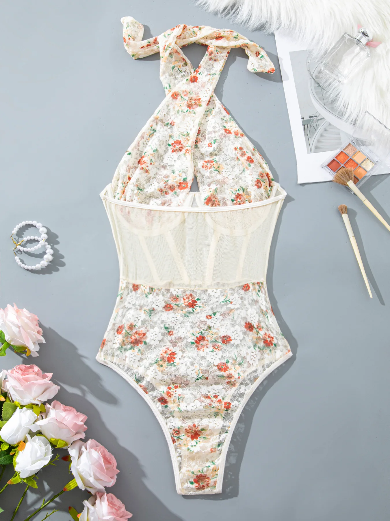 ssTss الساخن فتاة شيك الأزهار المطبوعة ملابس السباحة مثير الرسن بيكيني شبكة Underwire ارتداءها قطعة واحدة تشكيل الخصر Cinching بذلة
