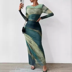 Autumn Dresses for Woman 2024 Fashion Printed Sexy Tight Fitting Slit Round Neck Dress High Waist Long Sleeves Skirt Streetwear