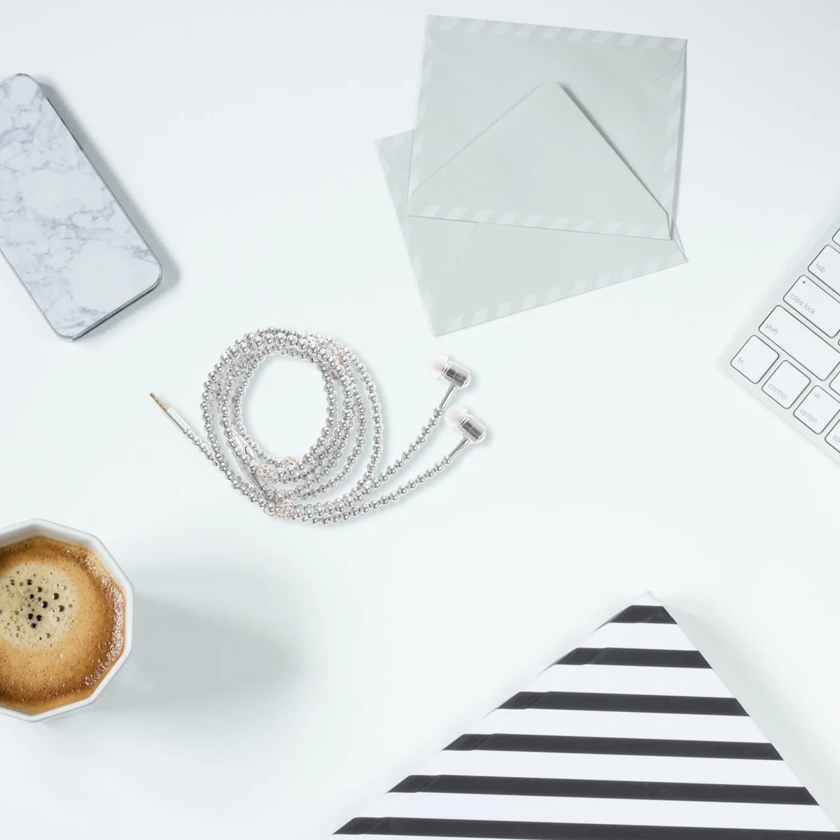 

1 Pair Pearl Chain Design In Ear Headset Mic Remote Silver Stereo Bass Earphones For Sports Running Gym Travel Noise Isolating