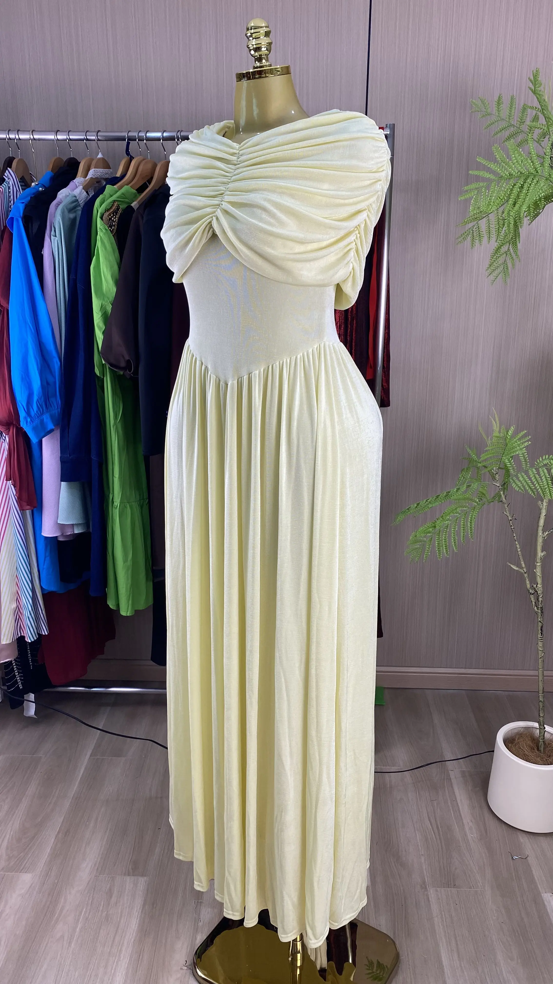 Retro-style women's high-waisted round neck irregular pleated floor length Maxi medium dress-GZXX840