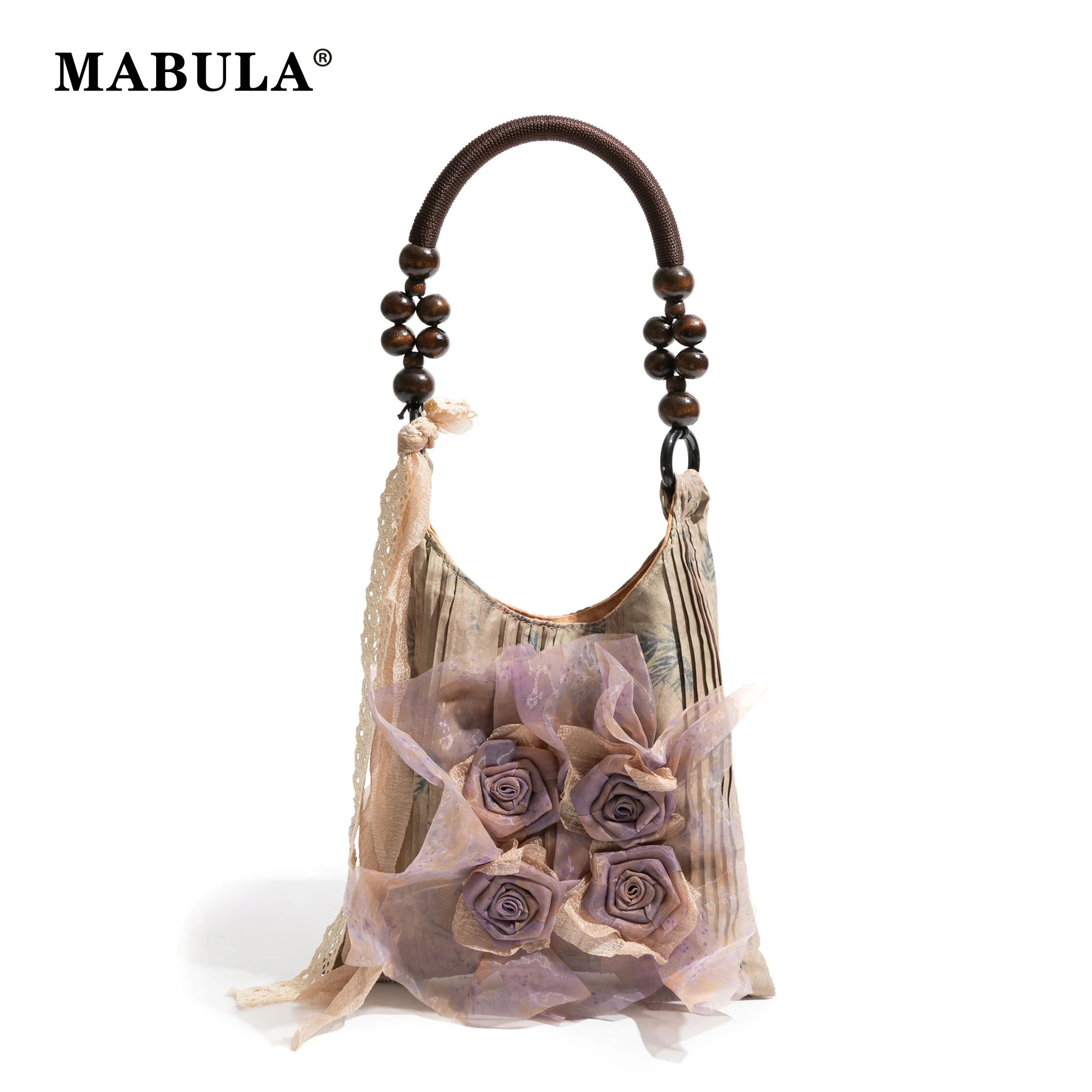 MABULA Vintage Neo Chinese Style Handbag Flowers Decorate Unique Log Bead Top Handle Design Fashion Lady Elegancka torebka na ramię