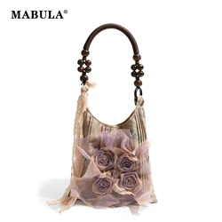 MABULA Vintage Neo Chinese Style Handbag Flowers Decorate Unique Log Bead Top Handle Design Fashion Lady Elegancka torebka na ramię