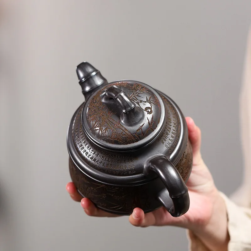 Wholesale Yixing Raw Stone Yellow Purple Clay Fully Handmade Bamboo Ding Teapot 550Cc Large Capacity Household Kung Fu Tea Set