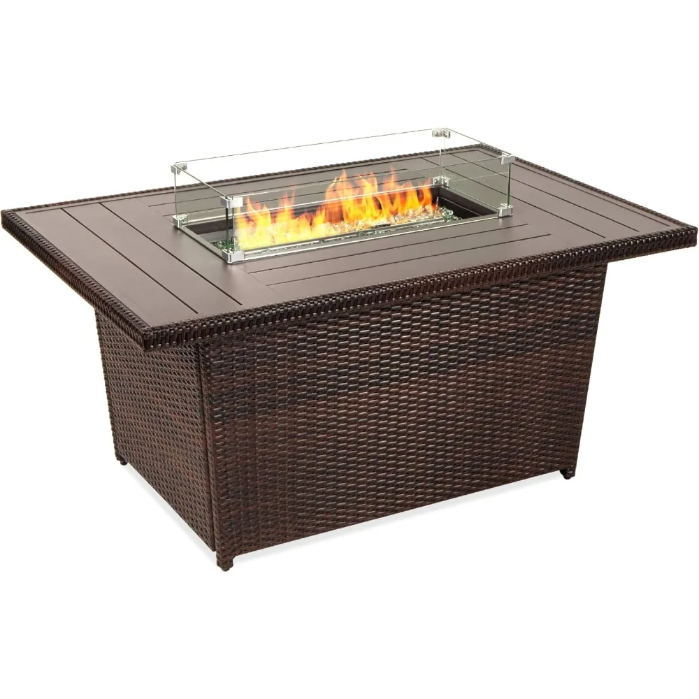 

Best Choice Products 52in 50,000 BTU Outdoor Wicker Patio Propane Gas Fire Pit Table w/Aluminum Tabletop, Glass Wind Guard