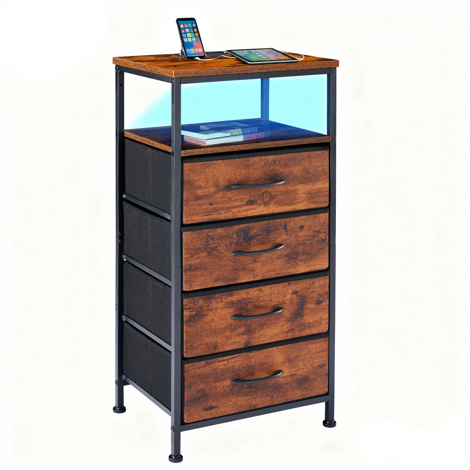 JHK Corner Table Cabinet with 4 Fabric Drawers Support USB/Type-C Ports and Outlets Adjustable Feet and Variable Light Strip image 6