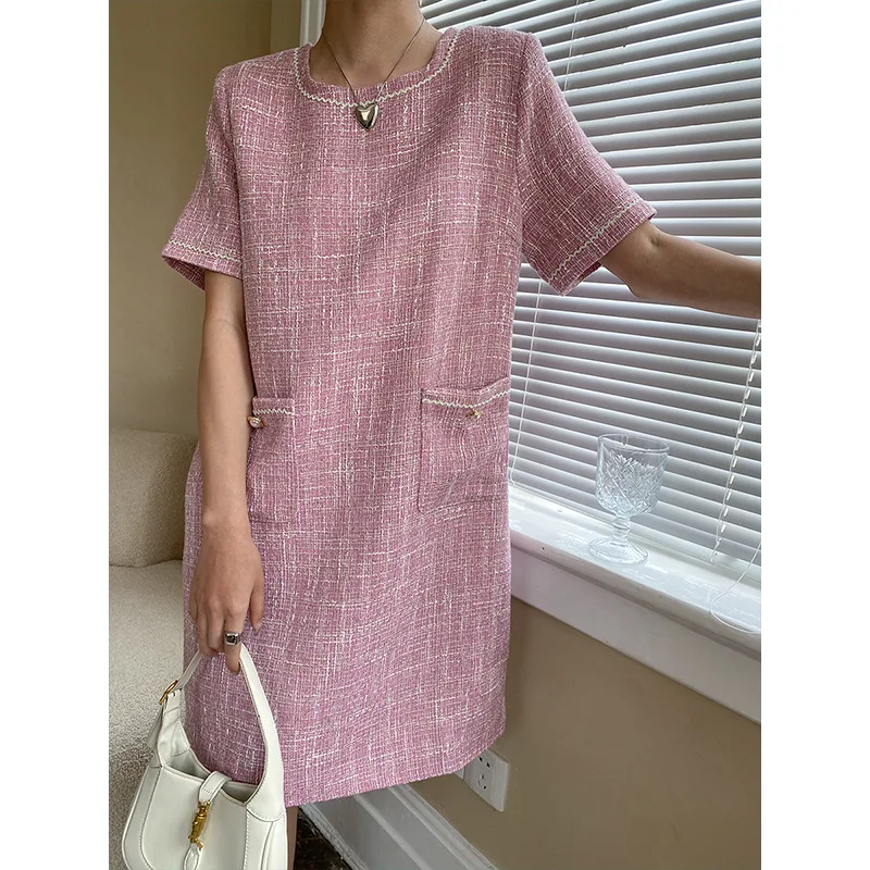 

French O Neck Green Dress Loose Elegant Temperament Korea Chic Casual Pink White Short Sleeve Tweed Office Women Summer Dresses