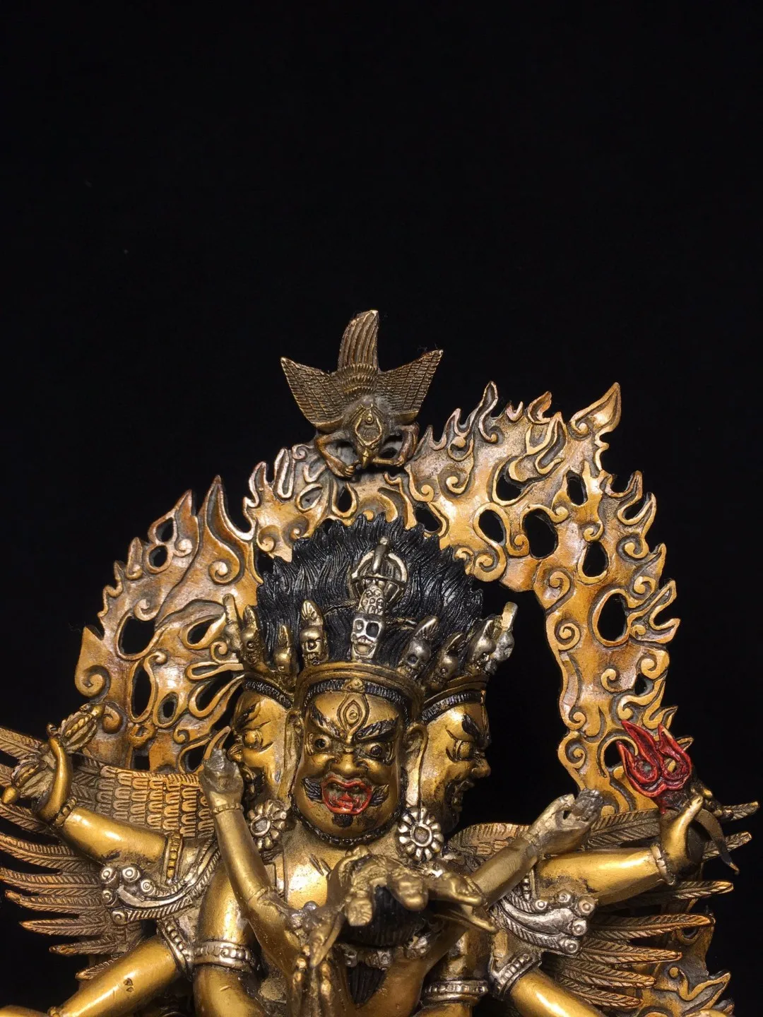 Nepalese Tibetan old brass gilt painted King Kong backlight six-armed God of Wealth ornaments home Buddhist hall supplies 30cm