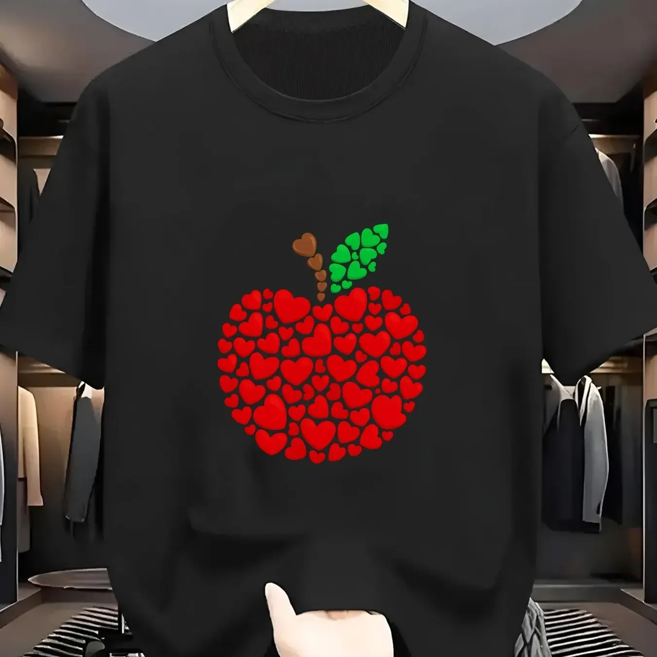 Summer Men's 100_ Pure Cotton Casual Loose Fit Plus Size Apple Printed Comfortable Round Neck Short Sleeved T-shirt Top