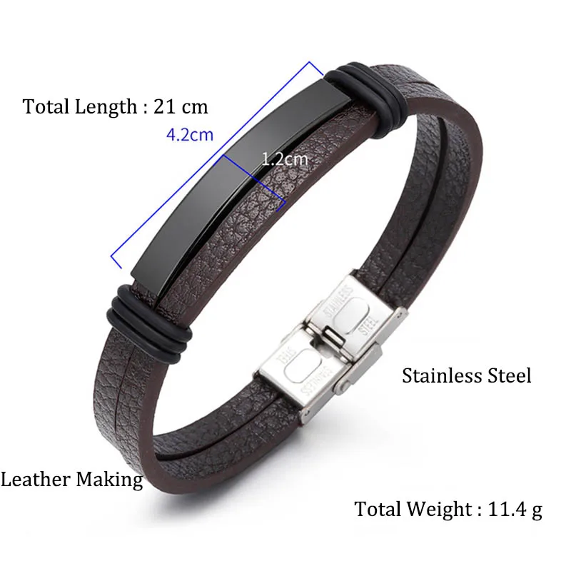 Stainless Steel Charm Genuine Leather Bracelet for Men Hip Hop Leather Wrap Bracelet Man Wristband Hand Jewelry Accessories