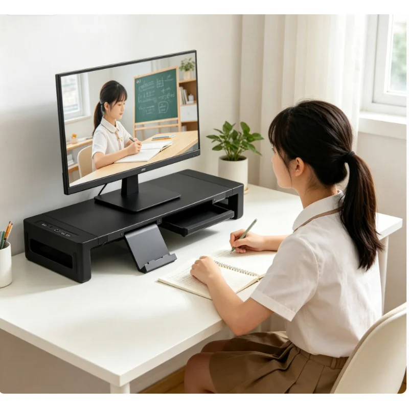 Foldable Adjustable Monitor Riser Multifunctional Desktop Stand With Drawer Space Saving Laptop Phone Tablet Storage Desk Shelf