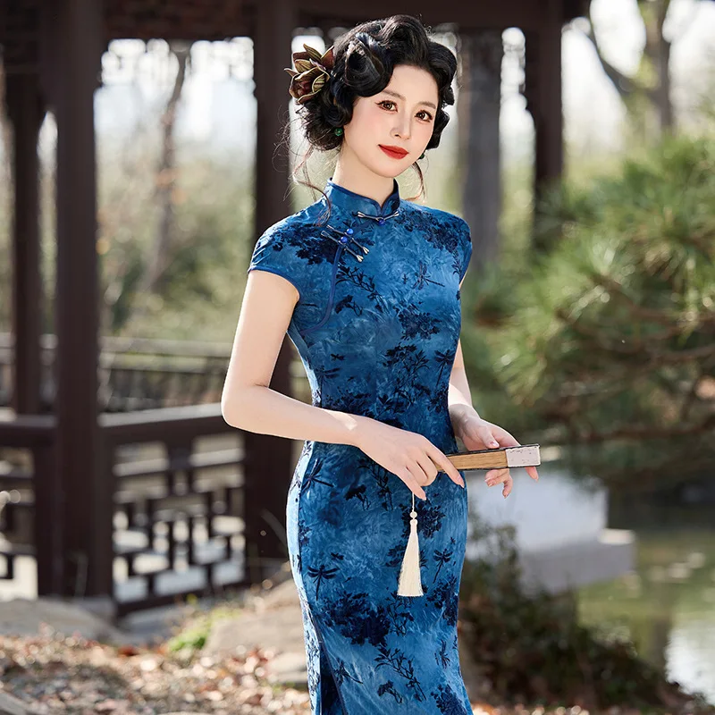 Yourqipao Summer Single Layer Tie-Dye Flocked Long Qipao Elegant Slim-Fit Chinese Style Evening Dress Cheongsam for Women