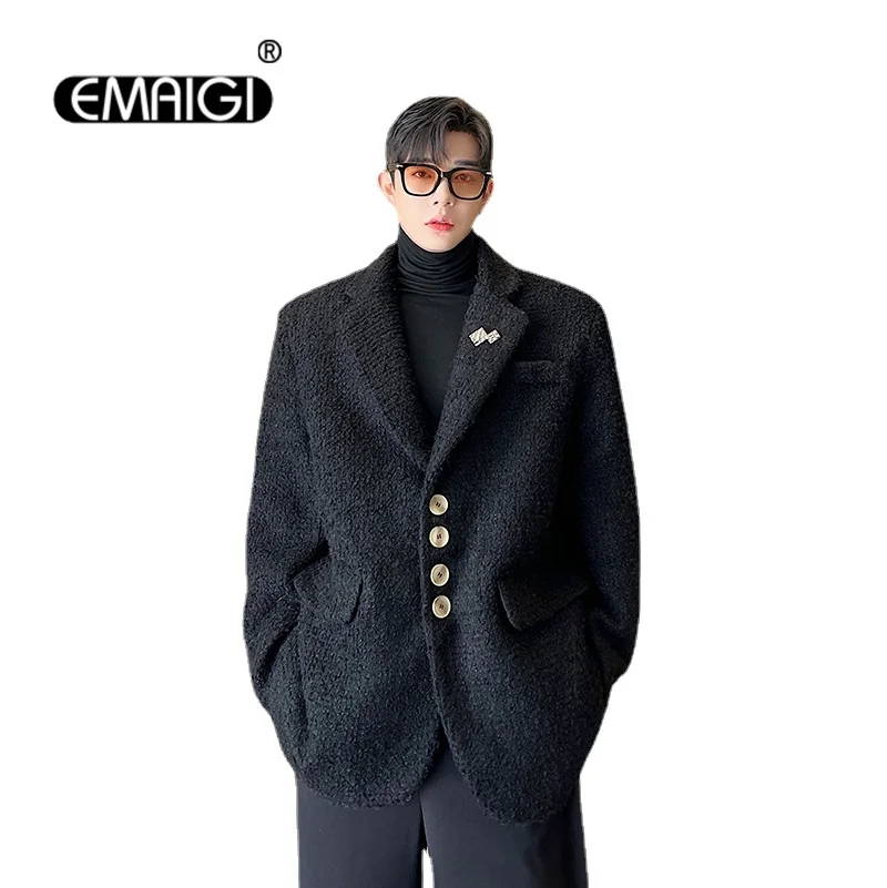 Men Korean Streetwear Vintage Causal Loose Thick Wool Brooch Suit Jacket Blazers Man Net Celebrity Fashion Show Suit Coat