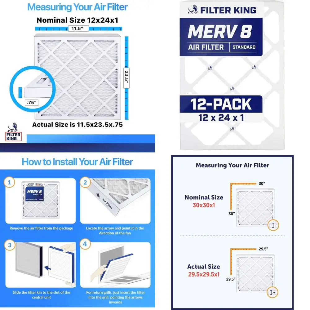 

12x24x1 MERV 8 Air Filters (12-Pack) - Dust & Allergy Control - Pleated, Electrostatic - Actual Size 11.5x23.5x0.75 - Made in US