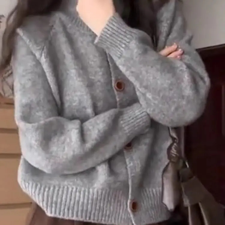 

Turtleneck Gray Single-breasted Knitted Cardigan Women's 2025 Autumn New Loose Casual Versatile Long-sleeved Top