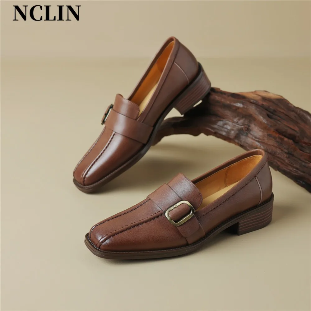 

NCLIN Spring Summer Women Pumps Genuine Leather Square Toe Thick Heels Fashion Belt Buckle Office Lady Working Shoes Woman New