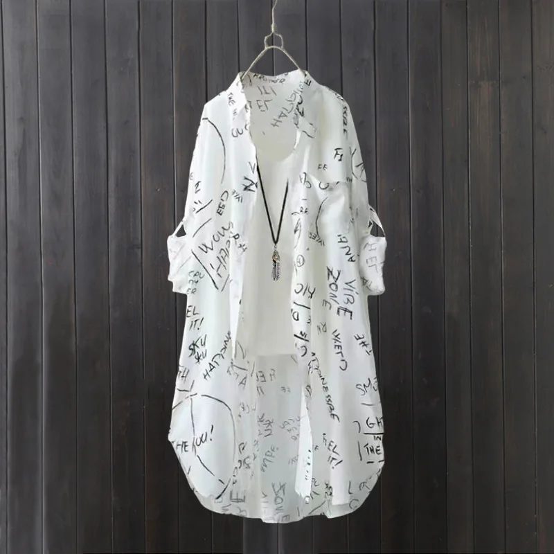 

Женская летняя рубашка от солнца с длинным рукавом, свободная блузка на пуговицах, защитный легкий топ с буквенным принтом, тонкое пальто средней длины