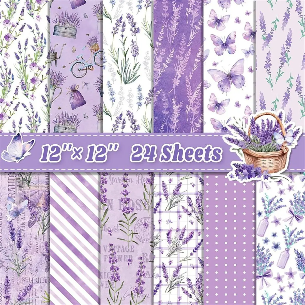 AB52 24 Sheets Scrapbook Paper 12inch X 12inch Double-Sided Bows Pattern Paper Decorative Decoupage Cardstock Lavender
