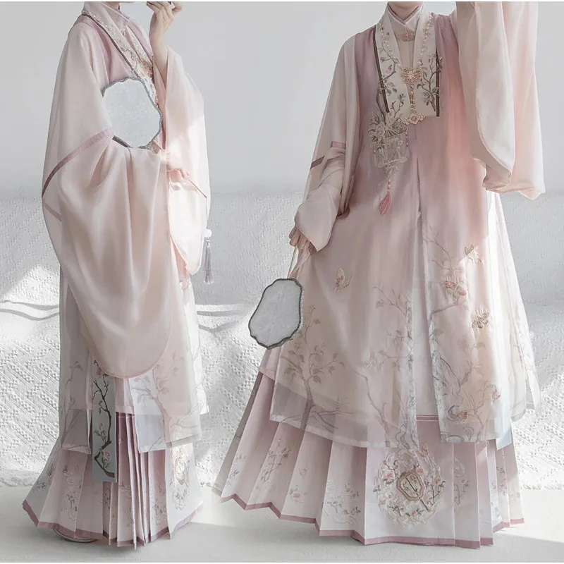 Ming Dynasty Hanfu Embroidered Standing Neck Long Shirt Long Bijia Horse Face Skirt Daily Set Autumn And Winter Style Hanfu Suit