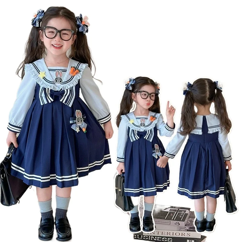 Spring Autumn New Cute Cartoon Rabbit Police Officer Lolita Long Sleeve Printed Dress Theme Party Role Playing Outfits for Girls