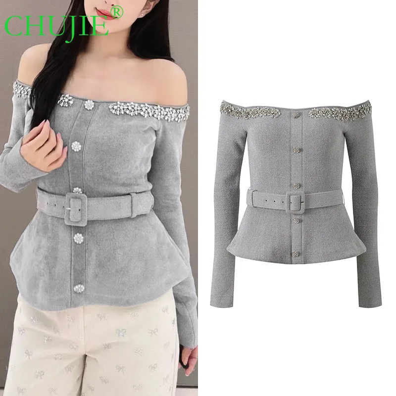 

CHUJIE 2022, осенний новый французский женский элегантный облегающий топ с открытыми плечами и поясом, украшенный бриллиантами, с открытыми плечами