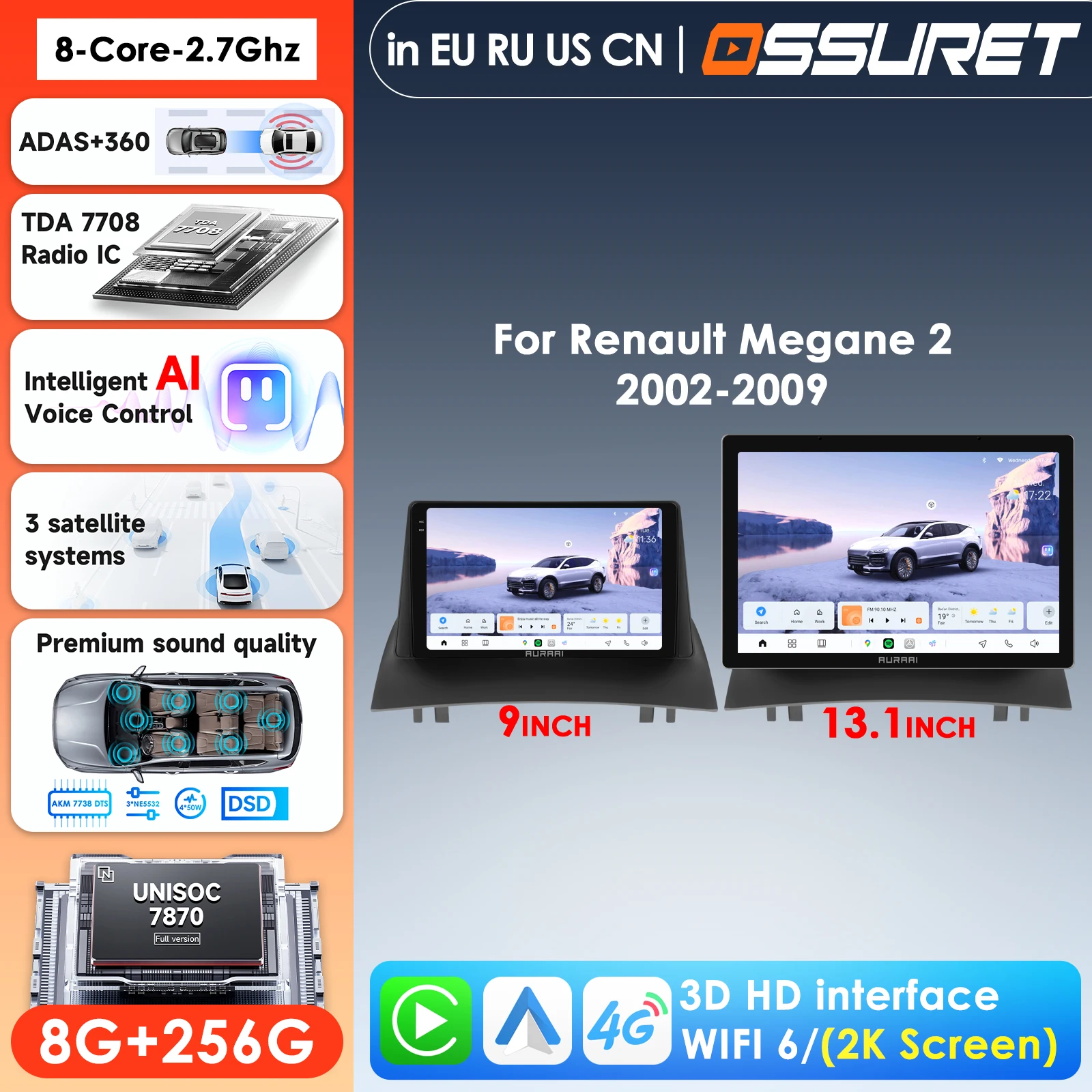 

OSSURET 8Core 8G+256G Car Intelligent Screen for Renault Megane 2 2002-2009 GPS Navigation Stereo CarPlay Android Auto Radio