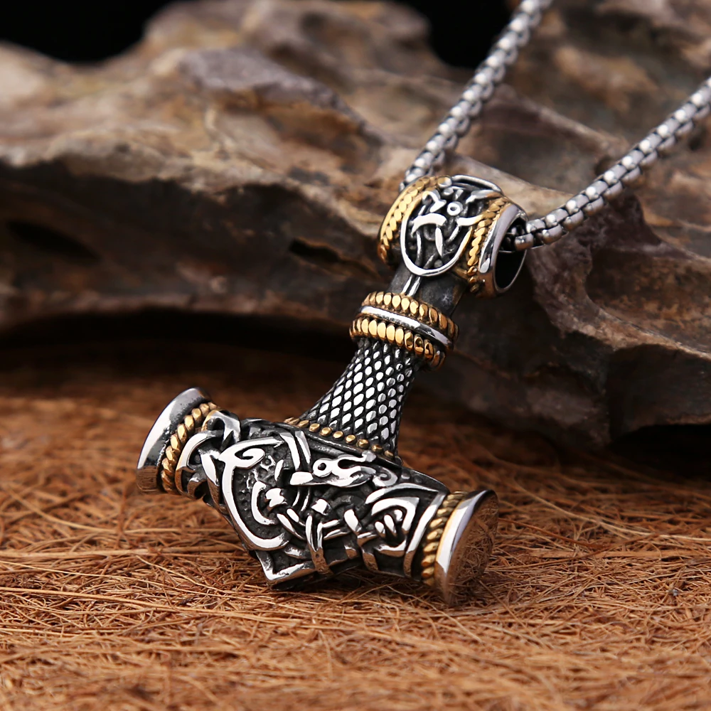 Amuleto de runa escandinava Mjolnir de martillo de Thor de acero inoxidable, vikingos nórdicos, collar, cadena, colgante de ancla Vegvisir, joyería masculina