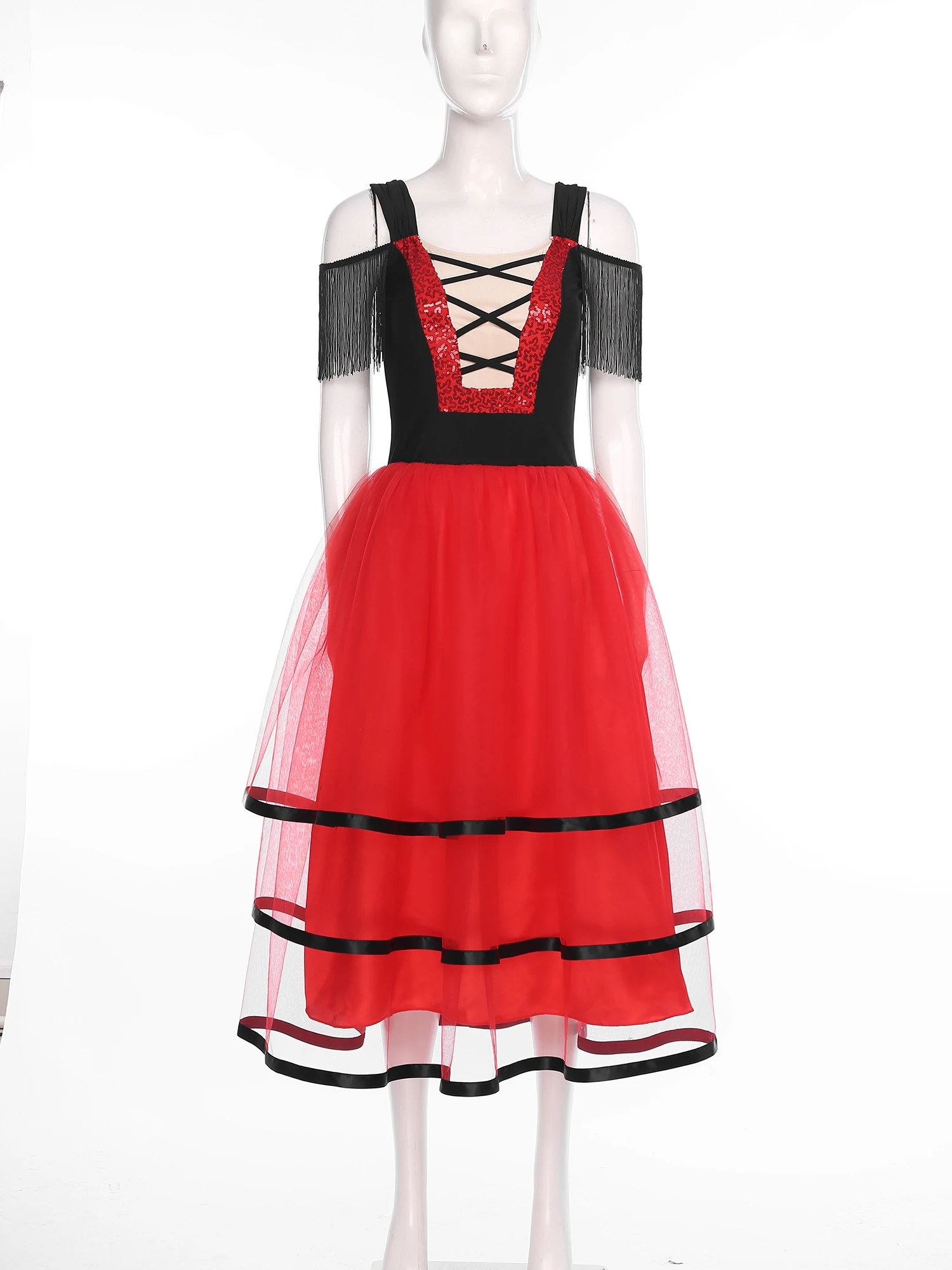 Frauen Flamenco Dance Performance Kostüm Quasten Kurzarm Tiered Rüschen Farbe Block Punkte Kleid Bühne Walzer Ballsaal Kleid