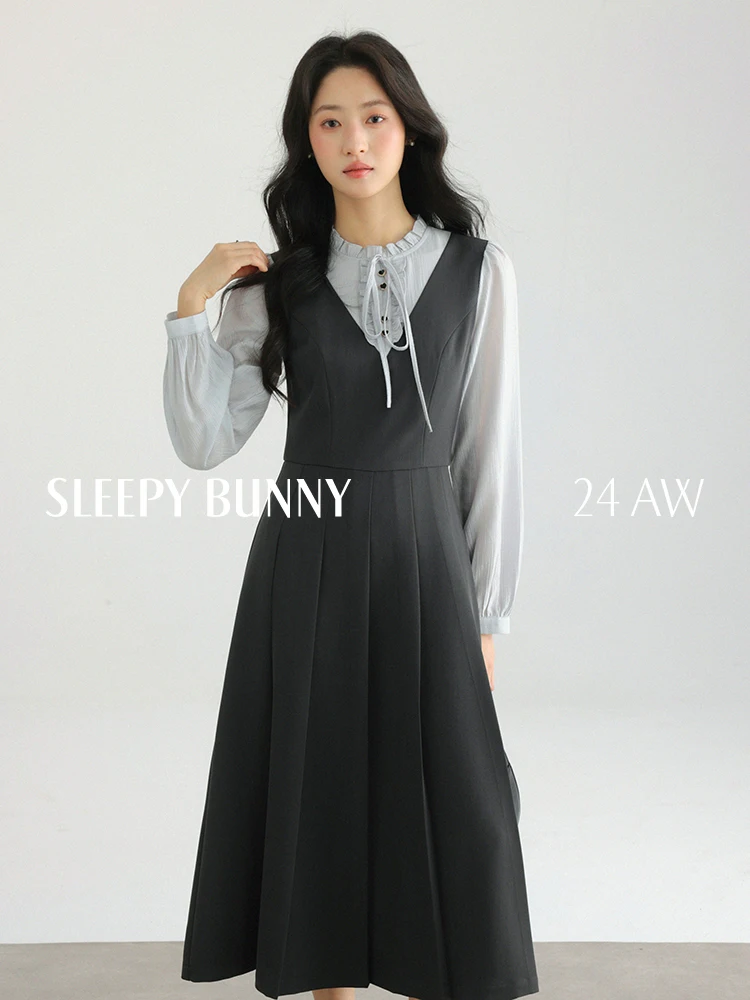 

Ruffled Collar Two-Piece Dress Women Autumn High-Waisted Pleated A-Line Long Sleeve Midi Dress Fit Waist-Defined Elegant Fashion