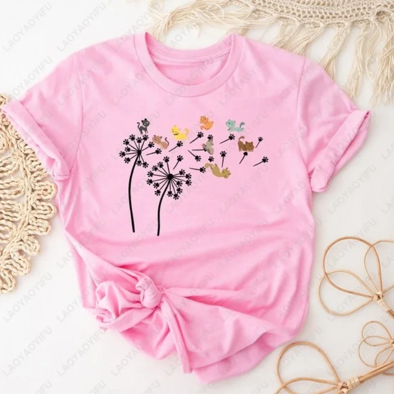 Fly Dandelion Cats Men Women TShirt Flying Kitty Flower Summer Funny Pet Graphic Print Tees High Quality Cotton Loungewear Tops