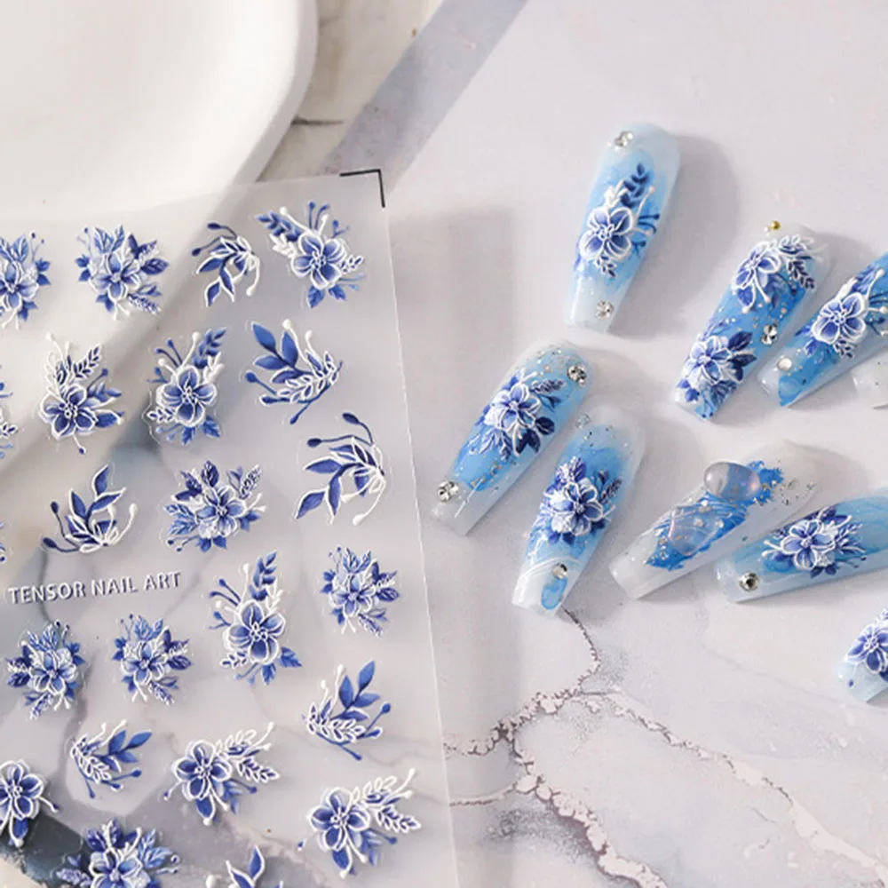 Blue Flowers Nail Stickers 5D Embossed Flower Nail Stickers Decals for Acrylic Design Blue & White Nail Art Accessories Slider