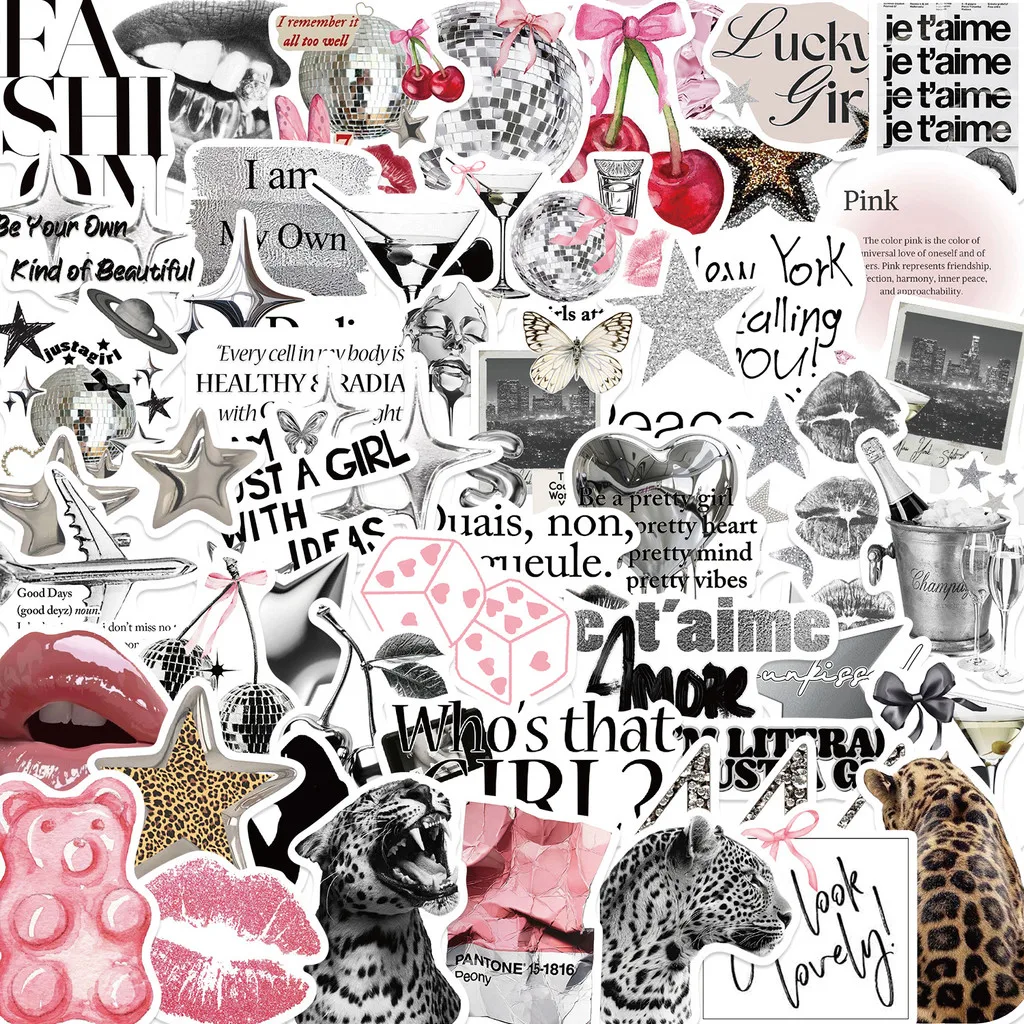 50개 빈티지 실버 행운의 소녀 시리즈 스티커 PVC 방수 데칼 스케이트보드 폰 케이스 DIY 반짝이 스티커 스토어